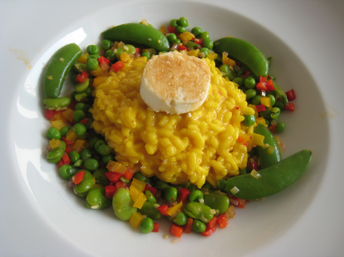 Safran Risotto Mit Uberbackenen Ziegenkasetalern Und Buntem Gemuse Chefkoch Schrats Rezept